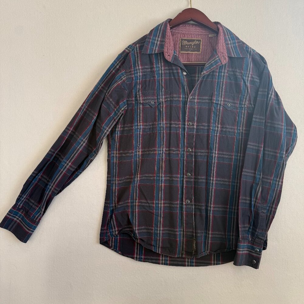 Wrangler Retro Shirt Mens Large Red & Blue Plaid Western Pearl Snap Long Sleeve